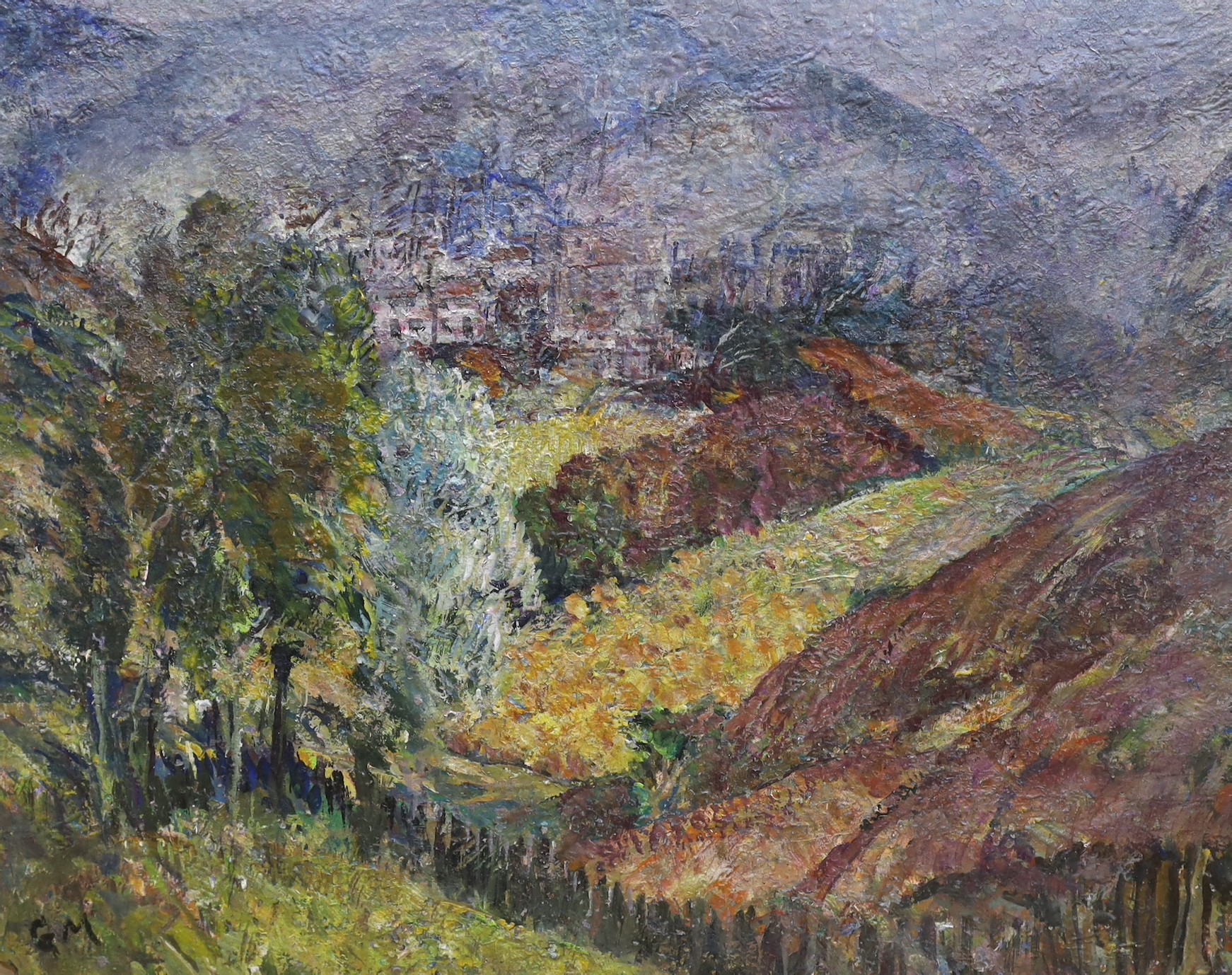 Gerald Moira (1867-1959), oil on board, 'Welsh Valley', signed with RI Exhibition label verso, 61 x 77cm, unframed